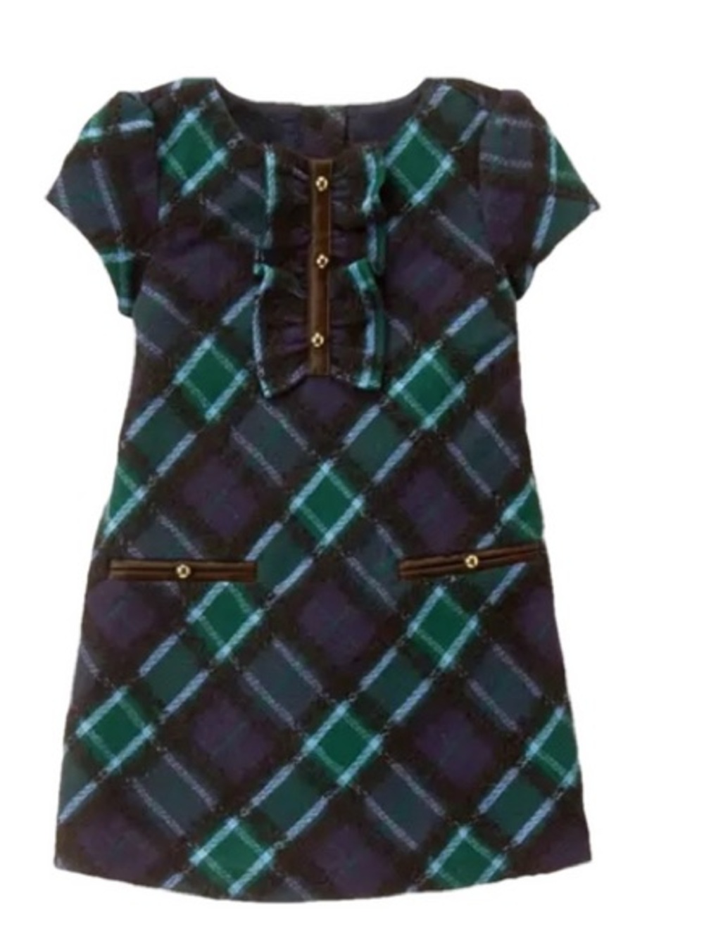 Janie and Jack Navy and Green Plaid Ruffle-Front Dress